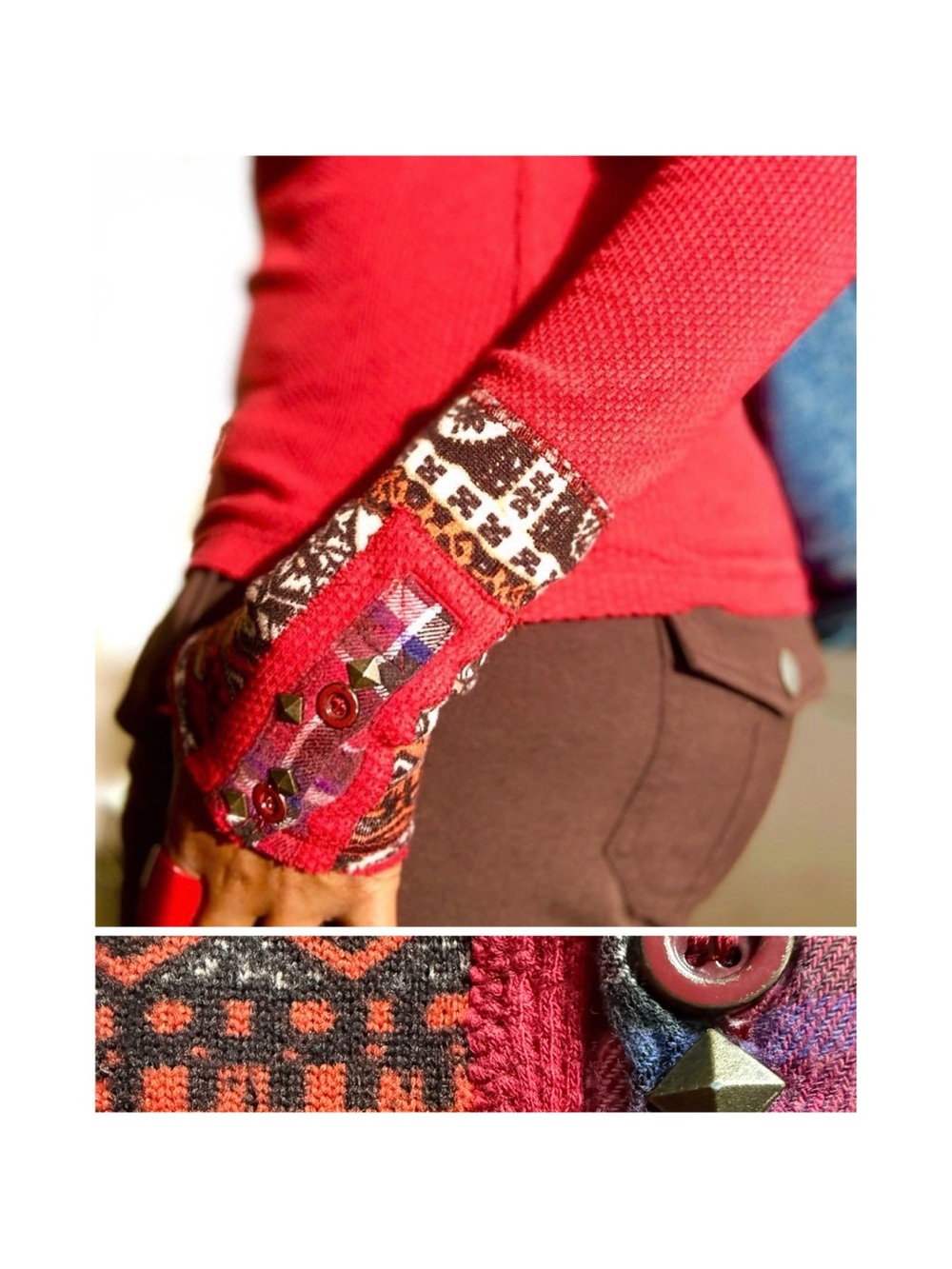 Free People Top with Embroidered Patch Cuffs
